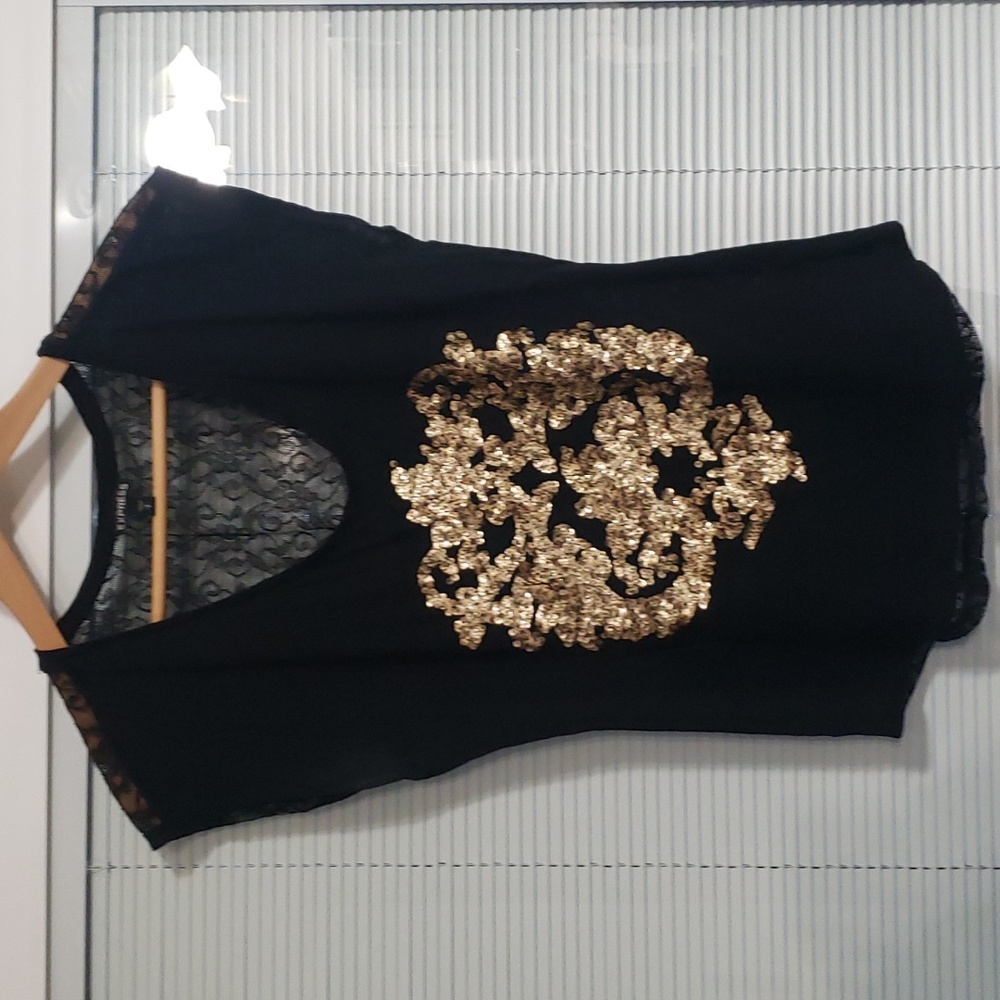 Express Black Lace Back Gold Sequin Tee size S